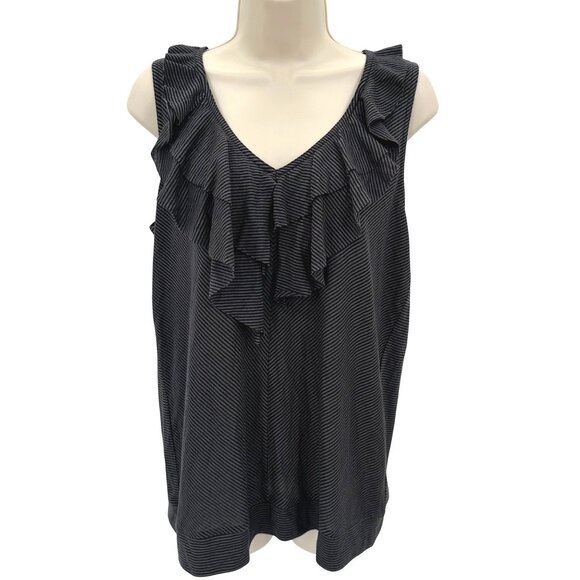 NWT DKNY Jeans Womens Striped Gray Sleeveless Top With Ruffle V-Neck Size L - Picture 1 of 8